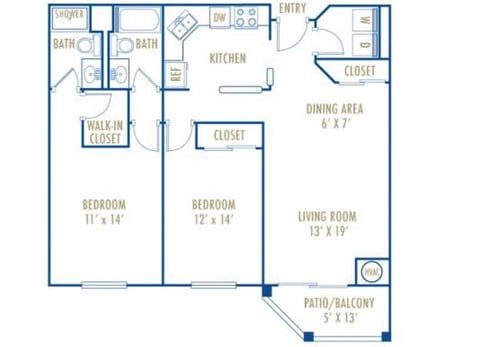 Floor plan for 2 beds, 2 baths, 1072 sqft